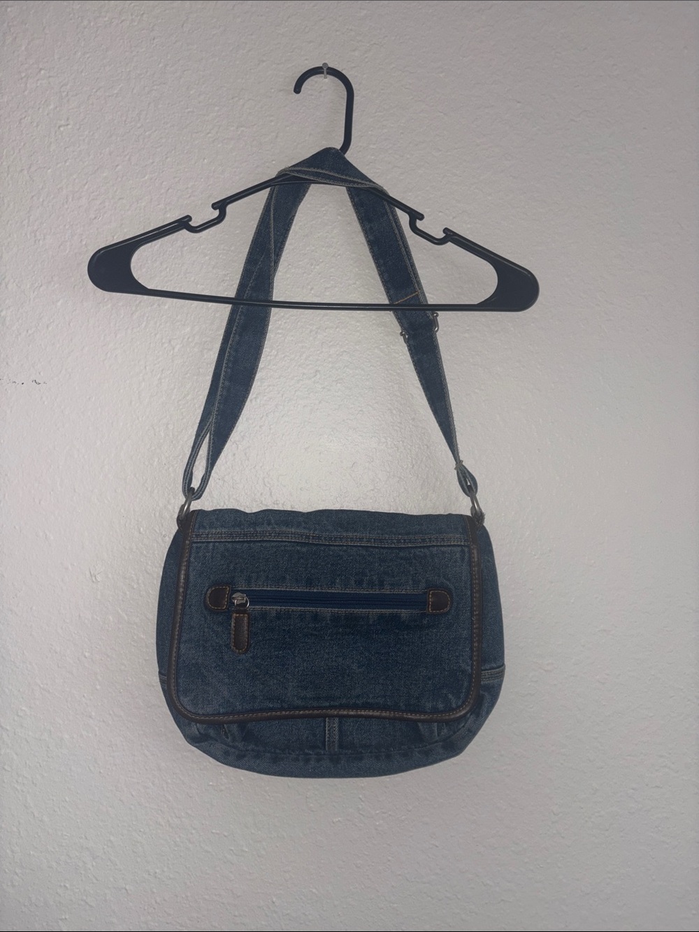 Denim Crossbody Bag with Brown Trim